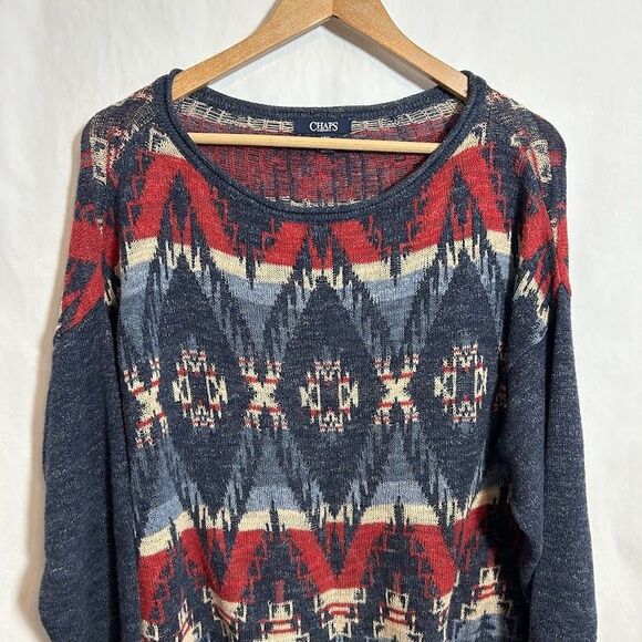 Chaps Womens Southwestern Knit Sweater L Blue Red 100% Cotton Aztec - Picture 4 of 6